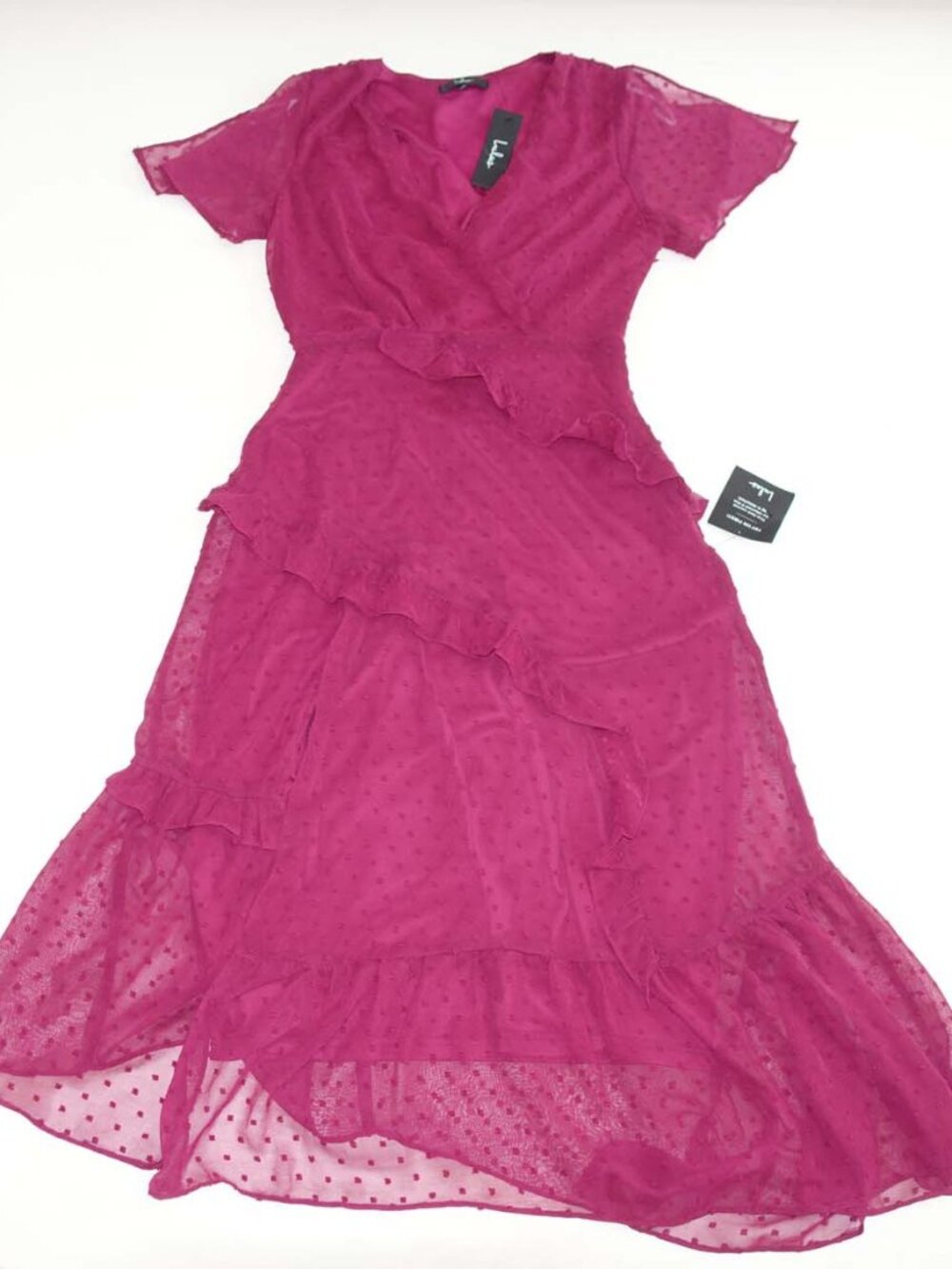 Lulus Women's Next to You Swiss Dot Ruffled Midi Dress Small NWT Raspberry Red S